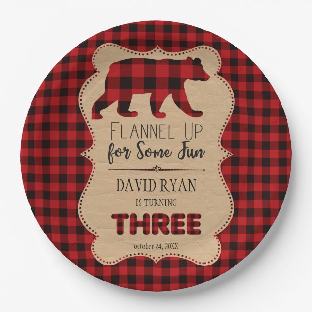 Assiettes En Carton Buffle rouge Plaid Anniversaire TROIS Personnalisé (Devant)