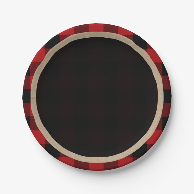 Assiettes En Carton Buffle rouge rustique noir plaid fête d'anniversai (Devant)