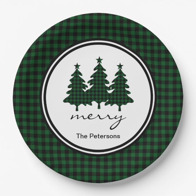 Assiettes En Carton Buffle vert Vérifier Pins Arbres Personnalisés (Devant)