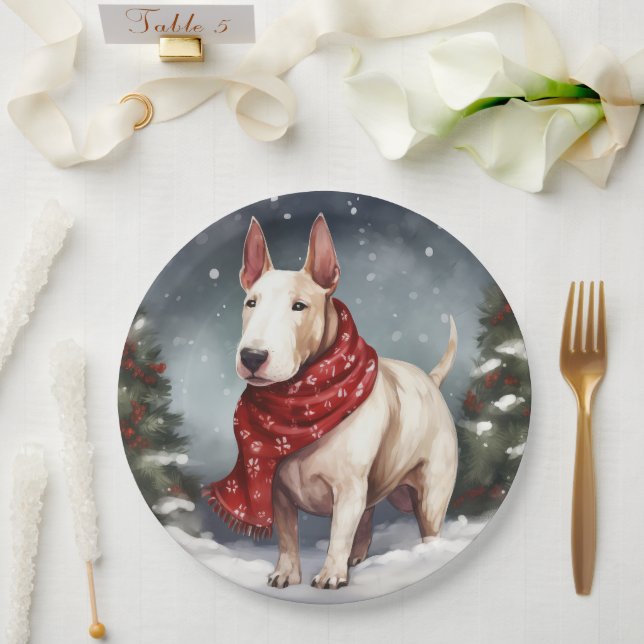 Assiettes En Carton Bull Terrier Chien à Noël de neige (Mariage)