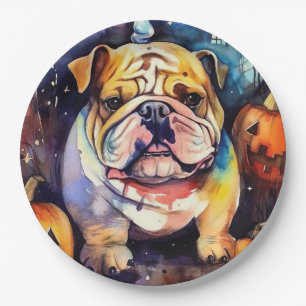 Assiettes En Carton Bulldog d'Halloween avec citrouilles effrayant