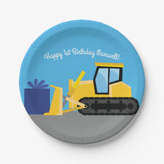 Assiettes En Carton Bulldozer Cute 1er Anniversaire Fête Construction (Devant)