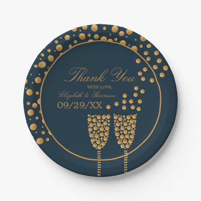 Assiettes En Carton Bulles de Champagne d'or - Bleu & Or - Mariage (Devant)