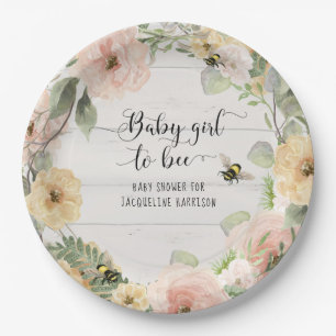 Assiettes En Carton Bumble Bee Jaune Fleurs roses Aquarelle Bébé