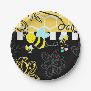 Assiettes En Carton Bumblebee Baby shower noir et jaune Moderne Chic