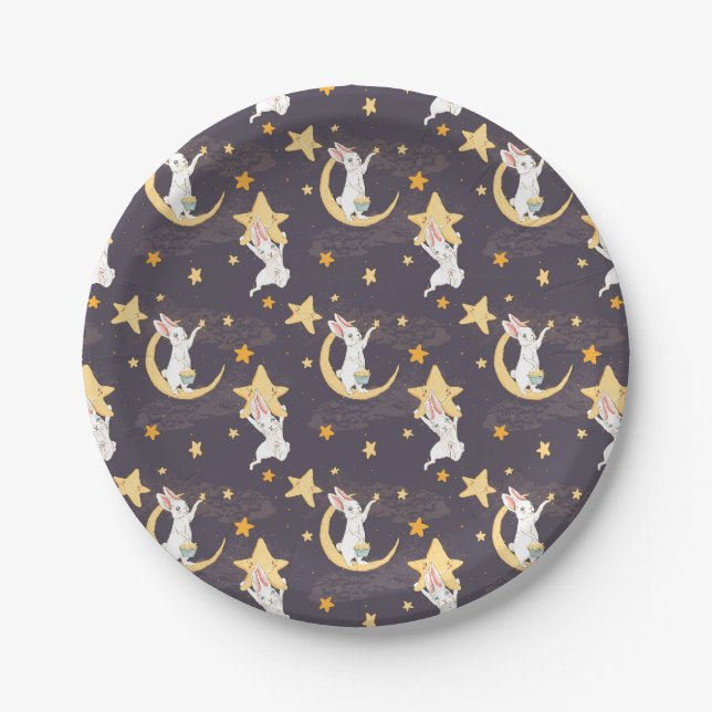 Assiettes En Carton Bunnies et étoiles d'or sur Grey (Devant)