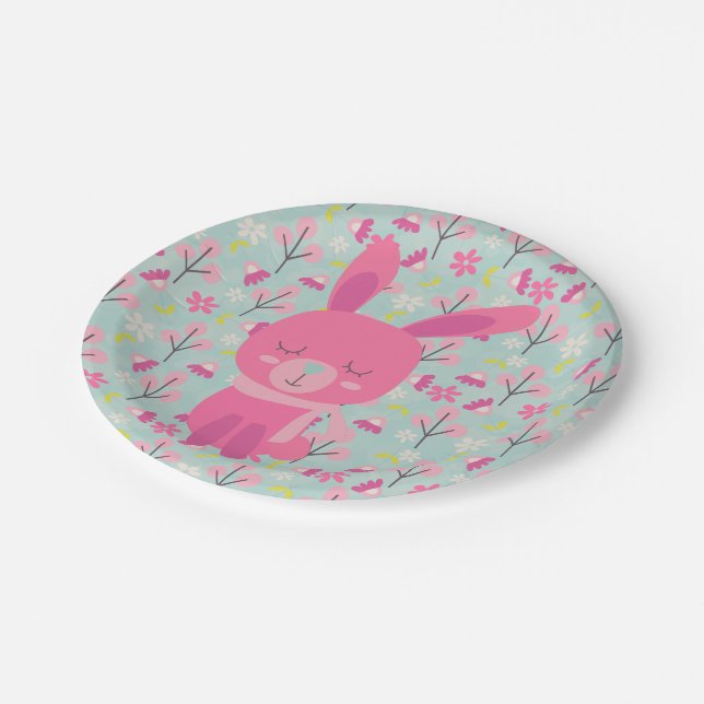 Assiettes En Carton Bunnies et fleurs roses (Angle)