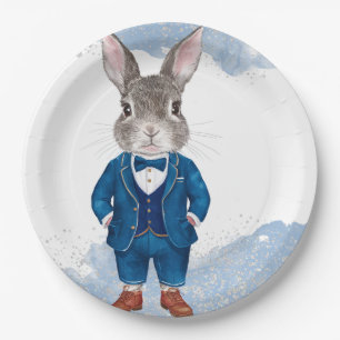 Assiettes En Carton Bunny Dapper dans un costume bleu et Bowtie Birthd