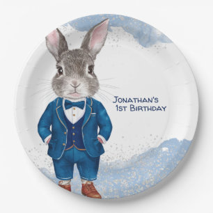 Assiettes En Carton Bunny Dapper dans un costume bleu et Bowtie Birthd