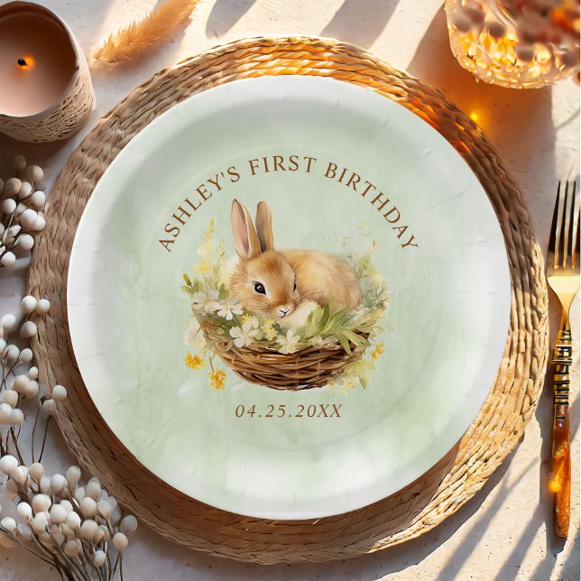 Assiettes En Carton Bunny de printemps floral 1er anniversaire (Créateur téléchargé)