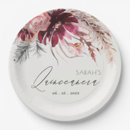 Assiettes En Carton Burgundy Blush Floral Pampas Grass Quinceanera