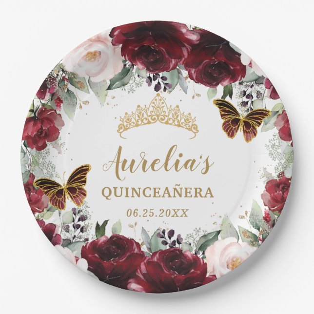 Assiettes En Carton Burgundy Blush Floral Quinceañera Tiara Princesse (Devant)
