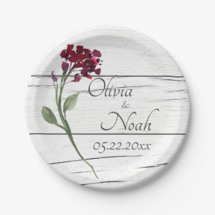 Assiettes En Carton Burgundy Floral Elegant Rustique Aquarelle Nom