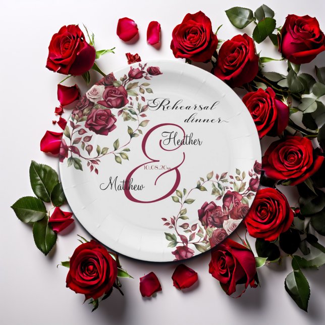 Assiettes En Carton Burgundy Floral Moderne "Dîner de répétition" Mari (Créateur téléchargé)