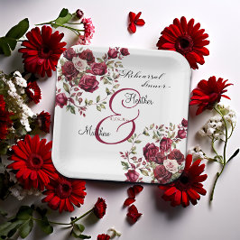 Assiettes En Carton Burgundy Floral Moderne "Dîner de répétition" Mari