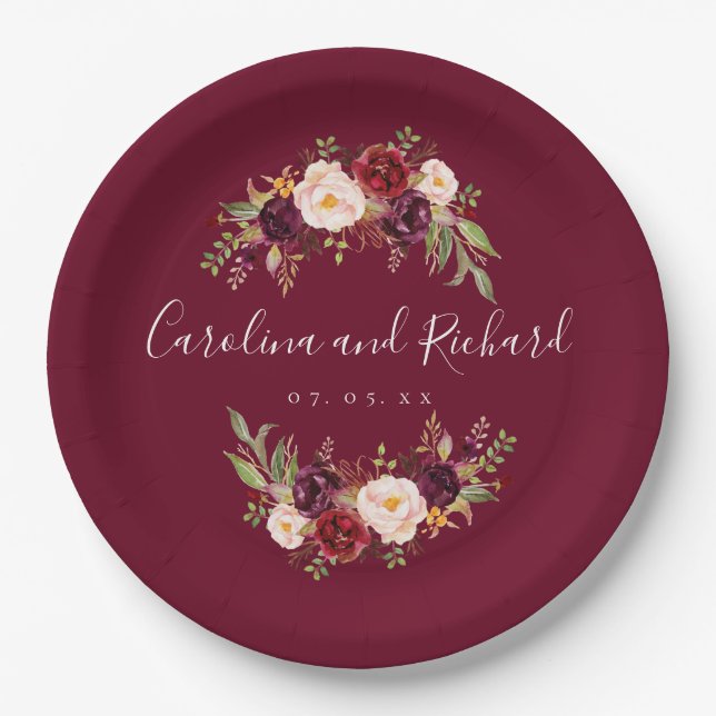 Assiettes En Carton Burgundy Floral Rustic (Devant)