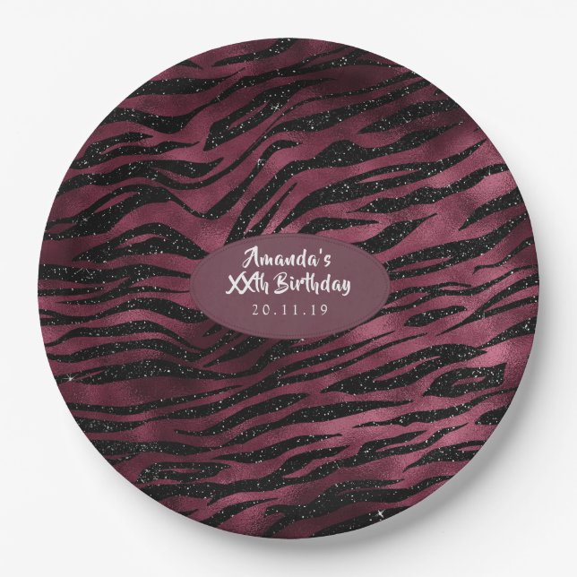 Assiettes En Carton Burgundy Glam Paillettes Rayures de Tigre (Devant)