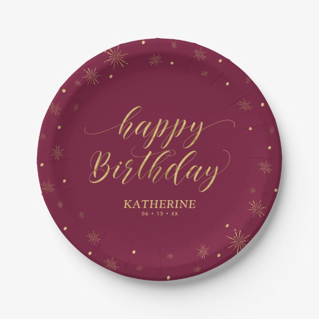 Assiettes En Carton Burgundy moderne & Gold Sparkle Joyeux anniversair (Devant)