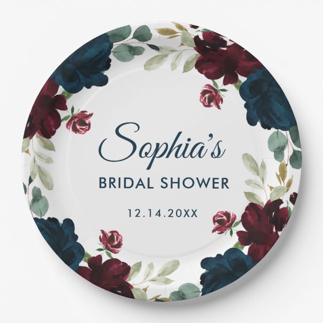 Assiettes En Carton Burgundy & Navy Blue Flowers Rustic Bridal Shower (Devant)