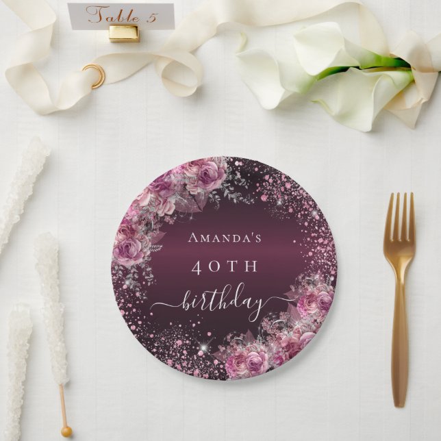 Assiettes En Carton Burgundy nom floral rose élégant anniversaire (Mariage)