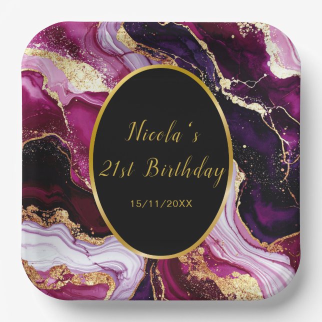 Assiettes En Carton Burgundy Red and Gold Marble Agate Birthday Party (Recto)