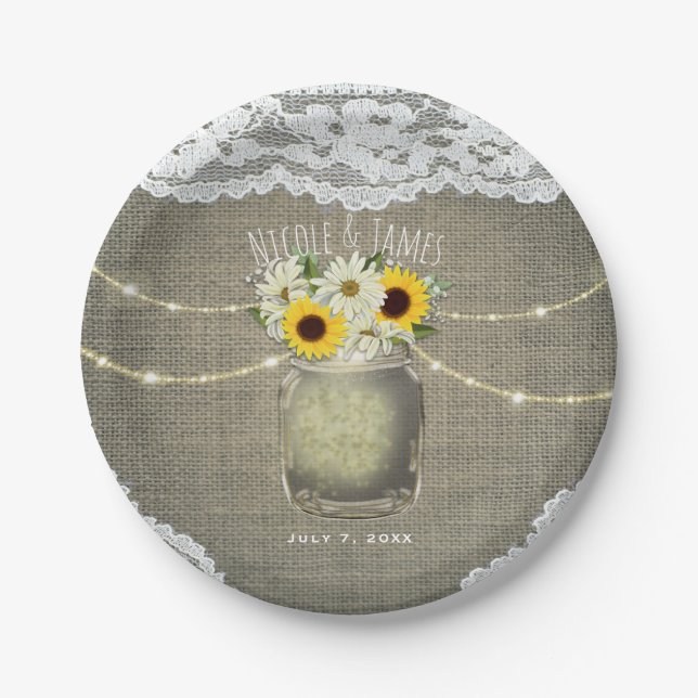 Assiettes En Carton Burlap Dentelle Tournesols et marguerites Mason Ja (Devant)