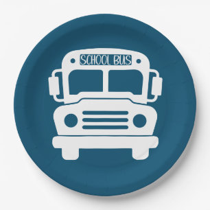 Assiettes En Carton Bus scolaire blanc sur Arrière - plan bleu