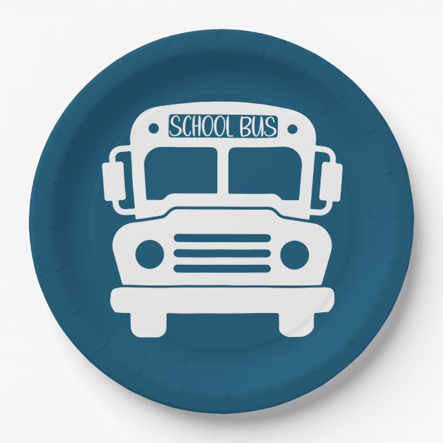 Assiettes En Carton Bus scolaire blanc sur Arrière - plan bleu (Devant)