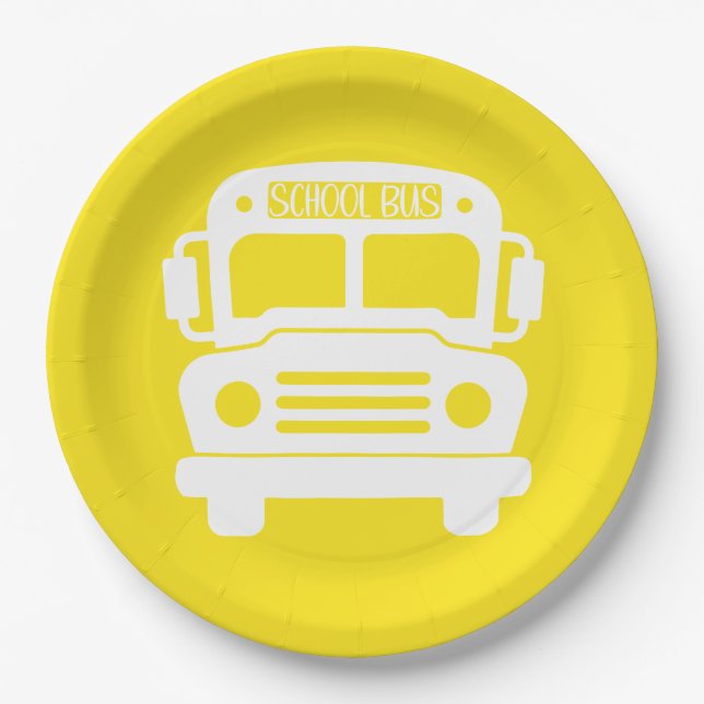 Assiettes En Carton Bus scolaire blanc sur Arrière - plan jaune (Devant)