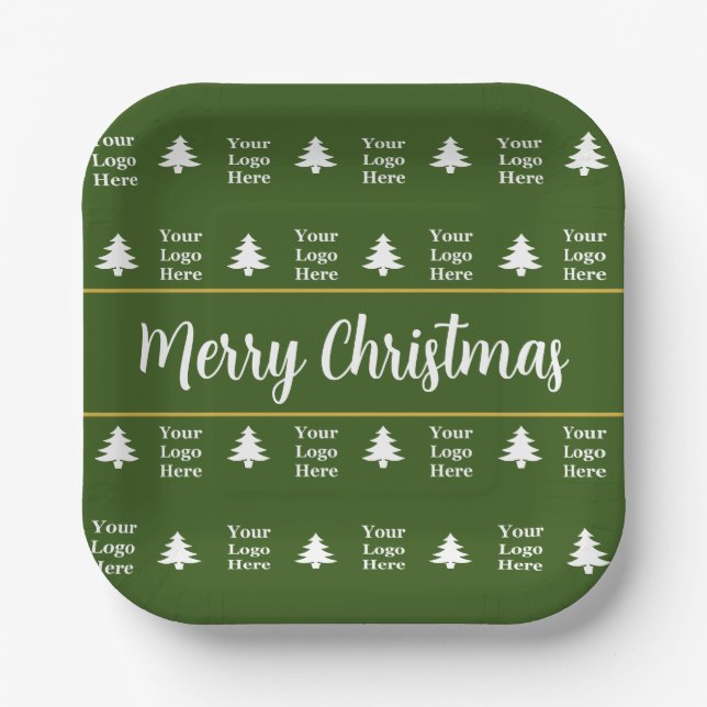 Assiettes En Carton Business Green White Joyeux Noël Arbres Logo (Recto)