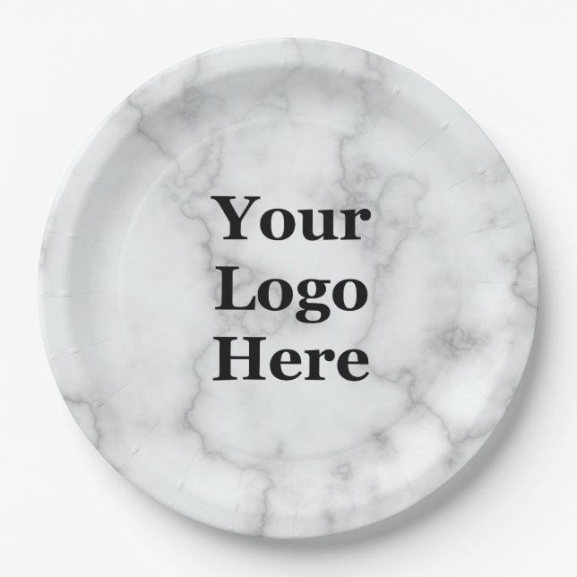 Assiettes En Carton Business Your Logo Here Faux Marbre blanc (Devant)