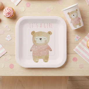 Assiettes En Carton C’est une fille Aquarelle mignonne Baby shower ros