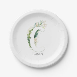 Assiettes En Carton C Monogramme Gold Green Feuilles Nom élégant