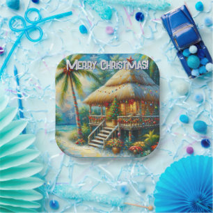 Assiettes En Carton Cabane Tropical de Noël Palm Tree Côte