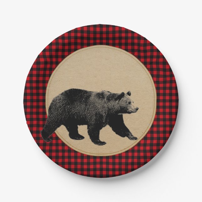 Assiettes En Carton Cabine rustique de l'ours de Buffalo Plaid (Devant)