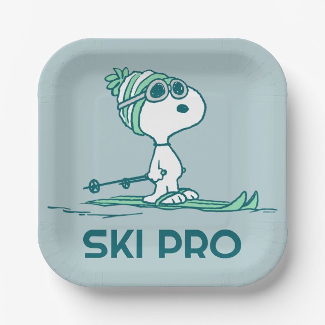 Assiettes En Carton cacahuètes | Snoopy sur Skis (Recto)