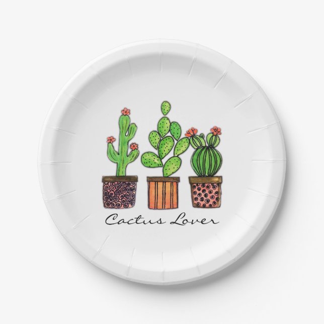 Assiettes En Carton Cactus mignon d'aquarelle dans des pots (Devant)