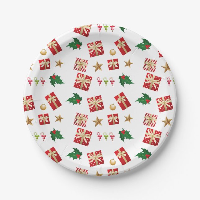 Assiettes En Carton Cadeaux de Noël Sucres de canne Étoiles Holly (Devant)