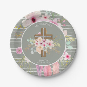 Assiettes En Carton Cadeaux QUINCEANERA personnalisés - Croix florale