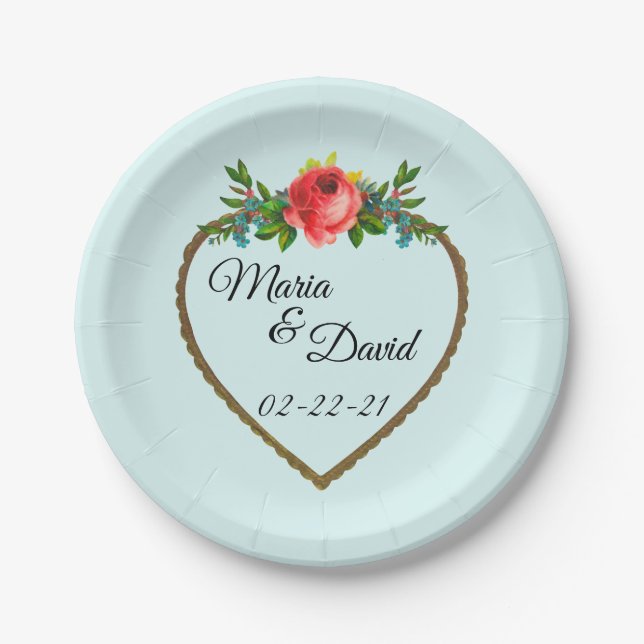 Assiettes En Carton Cadre Coeur avec Rose Aquarelle (Devant)