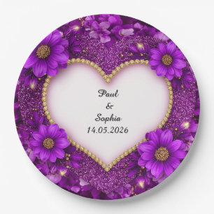 Assiettes En Carton Cadre Cœur Violet avec Paillettes et Fleurs