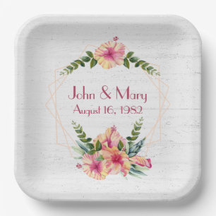 Assiettes En Carton Cadre d'Hibiscus de Mariage sur Bois Blanchi