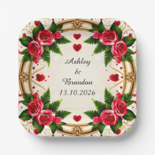 Assiettes En Carton Cadre floral avec roses roses