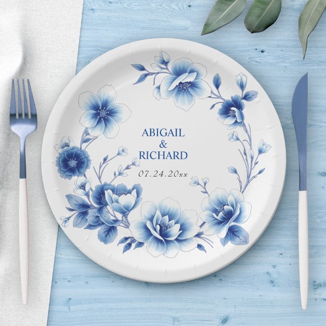 Assiettes En Carton Cadre floral bleu Chinoiserie fleurs mariage (Créateur téléchargé)