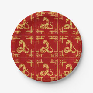 Assiettes En Carton Cadres d'ornement grec Motif serpent d'or rouge