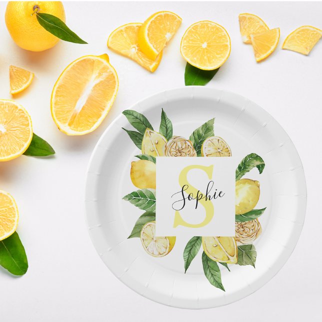 Assiettes En Carton Cadres et Feuilles de citrons jaunes modernes avec (Créateur téléchargé)