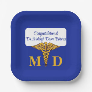 Assiettes En Carton Caduceus Blue & Gold Médicale School Graduation