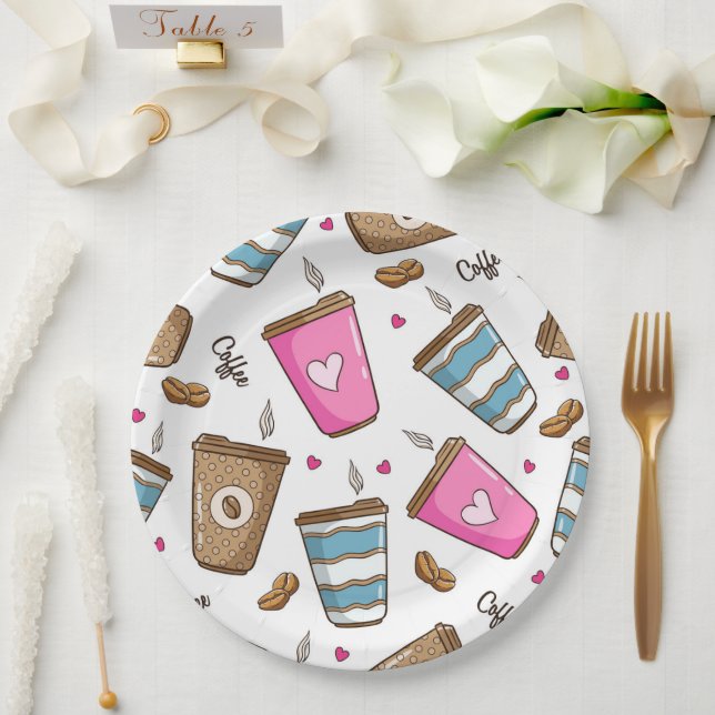 Assiettes En Carton Cafés, Haricots, Coeurs, Amateur De Café (Mariage)