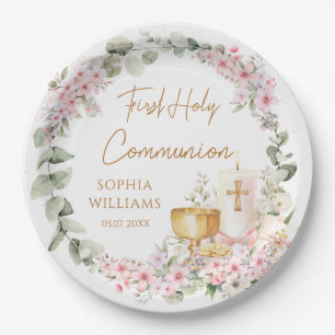 Assiettes En Carton Calice Floral Rose Première Sainte Communion 