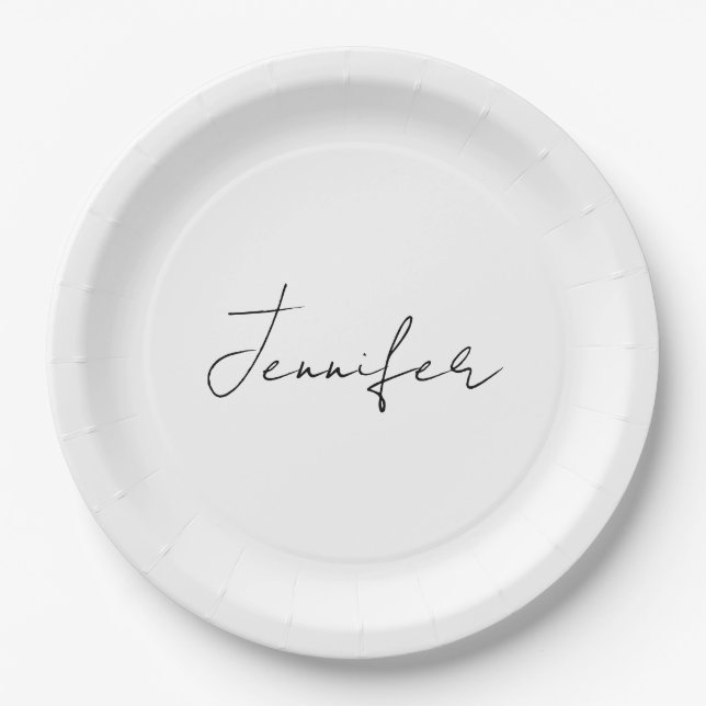 Assiettes En Carton Calligraphie Elégant Noir Blanc Plaine Nom simple (Devant)